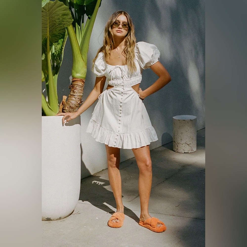 White Puff Sleeve Cutout Dress- Small- SABO